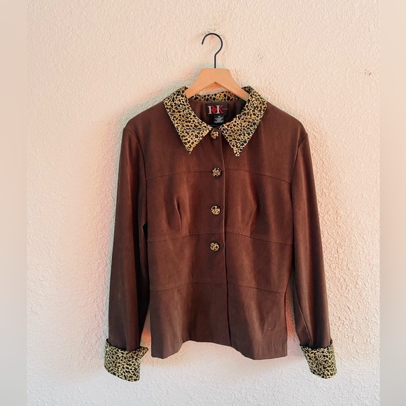 Vintage Button Up Brown Faux Suede Top / Jacket with leopard Print Trim - Picture 1 of 14